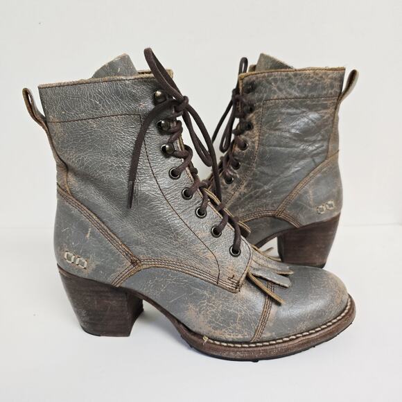 Bed Stu Finis Gray-Brown Distressed Leather Lace Up Ankle Boots Womens Size 8 - Picture 1 of 14